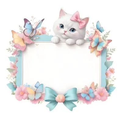 A Cute White Cat With A Pink Bow Holding A Blank Sign Surrounded By Colorful Butterflies Flowers And Pastel Decorations 294 9424