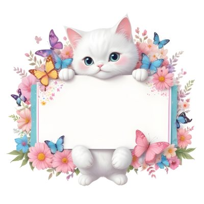 A Cute White Cat With A Pink Bow Holding A Blank Sign Surrounded By Colorful Butterflies Flowers And Pastel Decorations 295 9b87