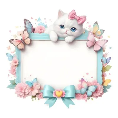 A Cute White Cat With A Pink Bow Holding A Blank Sign Surrounded By Colorful Butterflies Flowers And Pastel Decorations 296 F2d7