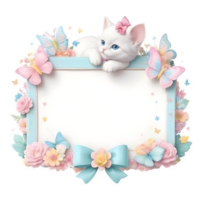 A Cute White Cat With A Pink Bow Holding A Blank Sign Surrounded By Colorful Butterflies Flowers And Pastel Decorations 297 3027