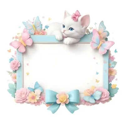 A Cute White Cat With A Pink Bow Holding A Blank Sign Surrounded By Colorful Butterflies Flowers And Pastel Decorations 297 3027