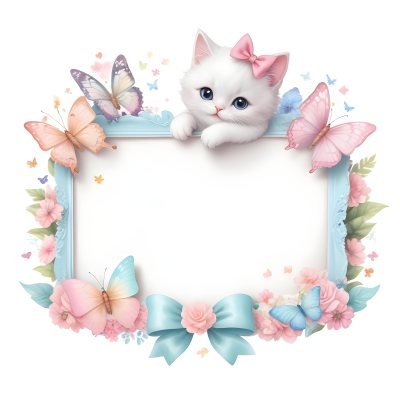 A Cute White Cat With A Pink Bow Holding A Blank Sign Surrounded By Colorful Butterflies Flowers And Pastel Decorations 299 De6a