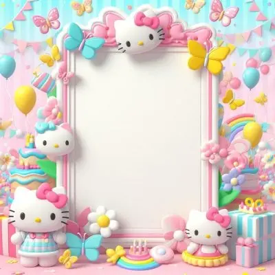 A Cute White Cat With A Pink Bow Holding A Blank Sign Surrounded By Colorful Butterflies Flowers And Pastel Decorations 3 4472