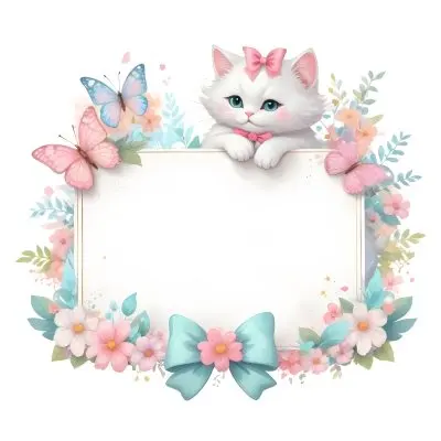 A Cute White Cat With A Pink Bow Holding A Blank Sign Surrounded By Colorful Butterflies Flowers And Pastel Decorations 30 2997