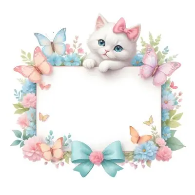 A Cute White Cat With A Pink Bow Holding A Blank Sign Surrounded By Colorful Butterflies Flowers And Pastel Decorations 300 37df