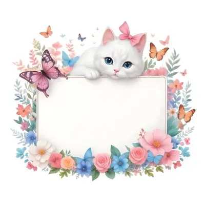 A Cute White Cat With A Pink Bow Holding A Blank Sign Surrounded By Colorful Butterflies Flowers And Pastel Decorations 301 6a19