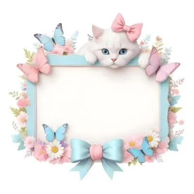 A Cute White Cat With A Pink Bow Holding A Blank Sign Surrounded By Colorful Butterflies Flowers And Pastel Decorations 303 39a5