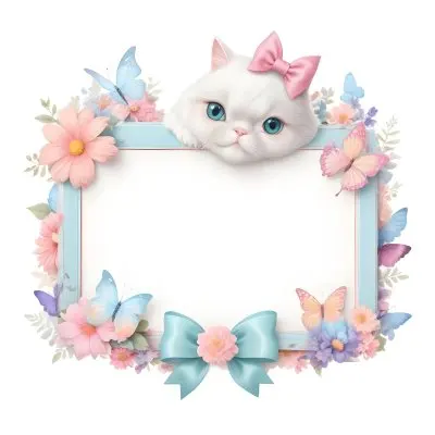 A Cute White Cat With A Pink Bow Holding A Blank Sign Surrounded By Colorful Butterflies Flowers And Pastel Decorations 304 B064