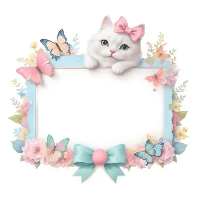 A Cute White Cat With A Pink Bow Holding A Blank Sign Surrounded By Colorful Butterflies Flowers And Pastel Decorations 305 Bdf8