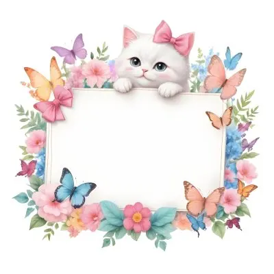 A Cute White Cat With A Pink Bow Holding A Blank Sign Surrounded By Colorful Butterflies Flowers And Pastel Decorations 306 22c5