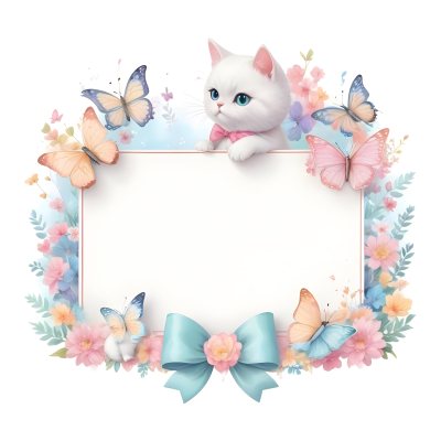 A Cute White Cat With A Pink Bow Holding A Blank Sign Surrounded By Colorful Butterflies Flowers And Pastel Decorations 307 17b1