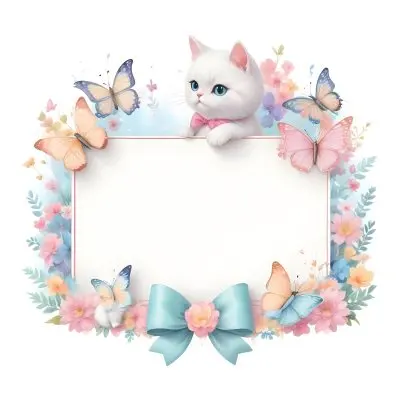 A Cute White Cat With A Pink Bow Holding A Blank Sign Surrounded By Colorful Butterflies Flowers And Pastel Decorations 307 17b1