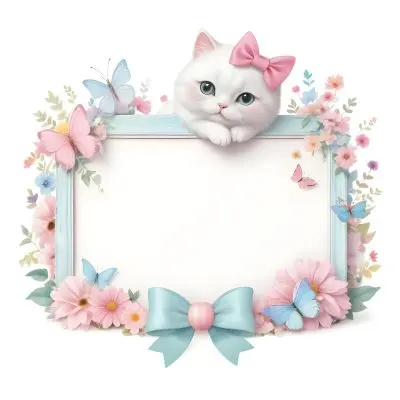 A Cute White Cat With A Pink Bow Holding A Blank Sign Surrounded By Colorful Butterflies Flowers And Pastel Decorations 308 65d7