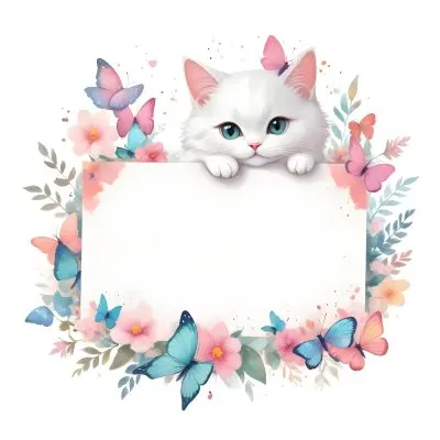 A Cute White Cat With A Pink Bow Holding A Blank Sign Surrounded By Colorful Butterflies Flowers And Pastel Decorations 31 85df