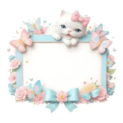 A Cute White Cat With A Pink Bow Holding A Blank Sign Surrounded By Colorful Butterflies Flowers And Pastel Decorations 310 3397