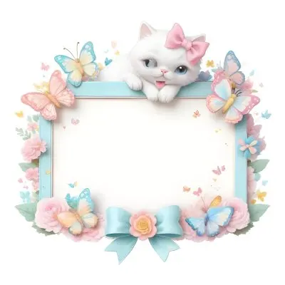 A Cute White Cat With A Pink Bow Holding A Blank Sign Surrounded By Colorful Butterflies Flowers And Pastel Decorations 311 8b2e