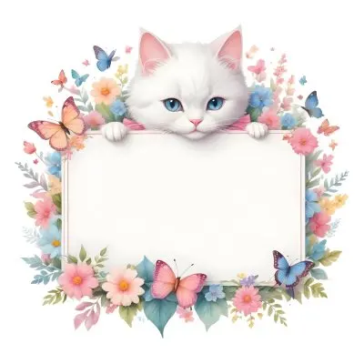 A Cute White Cat With A Pink Bow Holding A Blank Sign Surrounded By Colorful Butterflies Flowers And Pastel Decorations 312 173e