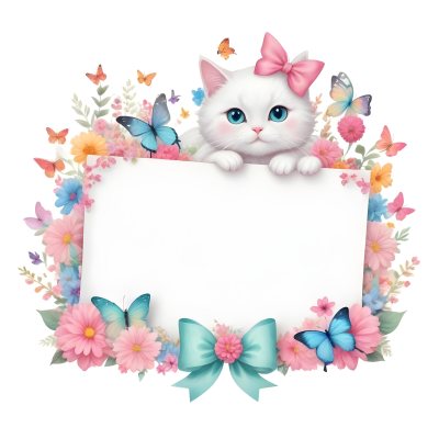 A Cute White Cat With A Pink Bow Holding A Blank Sign Surrounded By Colorful Butterflies Flowers And Pastel Decorations 313 38cb