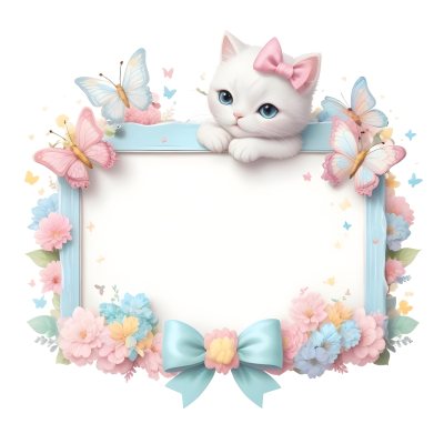 A Cute White Cat With A Pink Bow Holding A Blank Sign Surrounded By Colorful Butterflies Flowers And Pastel Decorations 314 38f3