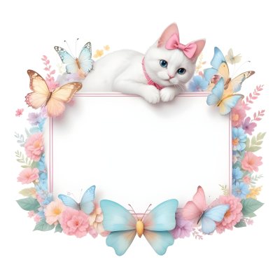 A Cute White Cat With A Pink Bow Holding A Blank Sign Surrounded By Colorful Butterflies Flowers And Pastel Decorations 315 Ef6e