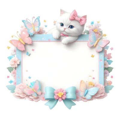 A Cute White Cat With A Pink Bow Holding A Blank Sign Surrounded By Colorful Butterflies Flowers And Pastel Decorations 316 9d02