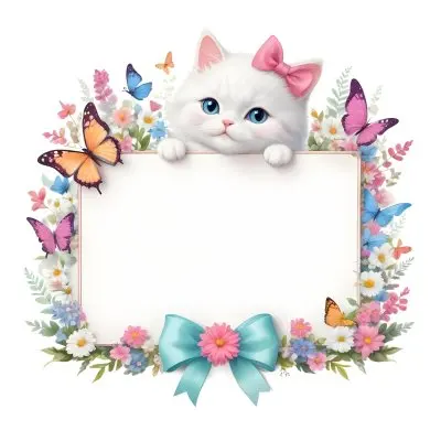 A Cute White Cat With A Pink Bow Holding A Blank Sign Surrounded By Colorful Butterflies Flowers And Pastel Decorations 318 E176
