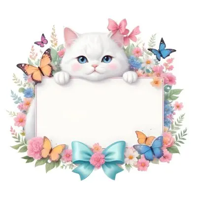 A Cute White Cat With A Pink Bow Holding A Blank Sign Surrounded By Colorful Butterflies Flowers And Pastel Decorations 319 2b43