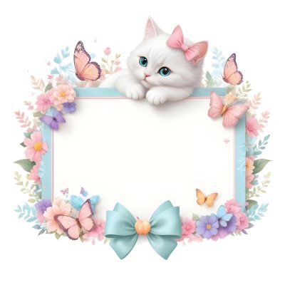 A Cute White Cat With A Pink Bow Holding A Blank Sign Surrounded By Colorful Butterflies Flowers And Pastel Decorations 320 4581