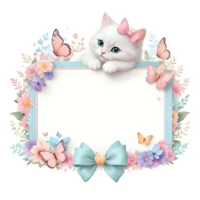 A Cute White Cat With A Pink Bow Holding A Blank Sign Surrounded By Colorful Butterflies Flowers And Pastel Decorations 320 4581