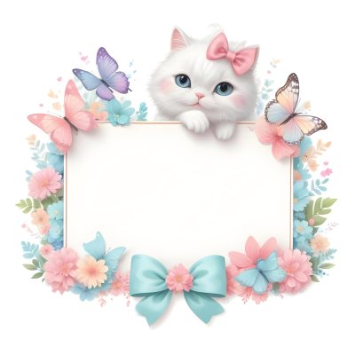 A Cute White Cat With A Pink Bow Holding A Blank Sign Surrounded By Colorful Butterflies Flowers And Pastel Decorations 321 1afb