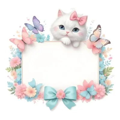 A Cute White Cat With A Pink Bow Holding A Blank Sign Surrounded By Colorful Butterflies Flowers And Pastel Decorations 321 1afb