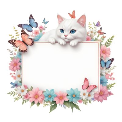 A Cute White Cat With A Pink Bow Holding A Blank Sign Surrounded By Colorful Butterflies Flowers And Pastel Decorations 322 Db01