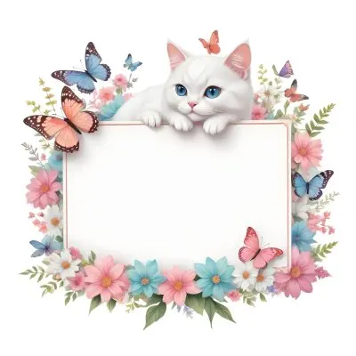 A Cute White Cat With A Pink Bow Holding A Blank Sign Surrounded By Colorful Butterflies Flowers And Pastel Decorations 322 Db01