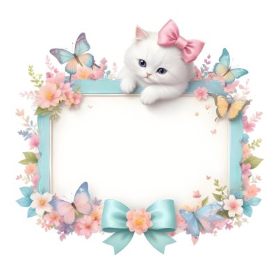 A Cute White Cat With A Pink Bow Holding A Blank Sign Surrounded By Colorful Butterflies Flowers And Pastel Decorations 323 A8dd