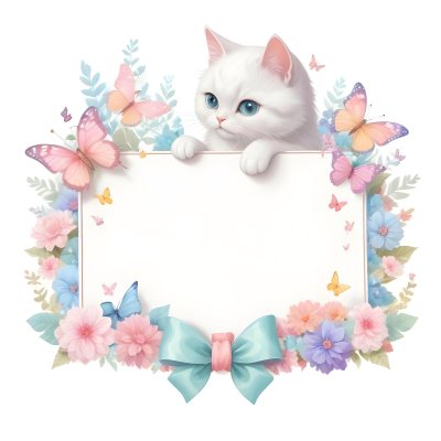A Cute White Cat With A Pink Bow Holding A Blank Sign Surrounded By Colorful Butterflies Flowers And Pastel Decorations 324 Fda7