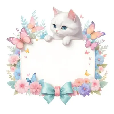 A Cute White Cat With A Pink Bow Holding A Blank Sign Surrounded By Colorful Butterflies Flowers And Pastel Decorations 324 Fda7