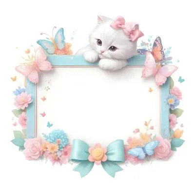 A Cute White Cat With A Pink Bow Holding A Blank Sign Surrounded By Colorful Butterflies Flowers And Pastel Decorations 325 08ee