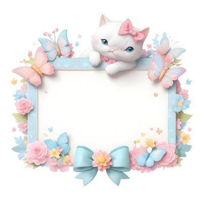 A Cute White Cat With A Pink Bow Holding A Blank Sign Surrounded By Colorful Butterflies Flowers And Pastel Decorations 327 Cf3d