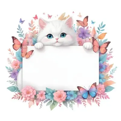 A Cute White Cat With A Pink Bow Holding A Blank Sign Surrounded By Colorful Butterflies Flowers And Pastel Decorations 328 8997