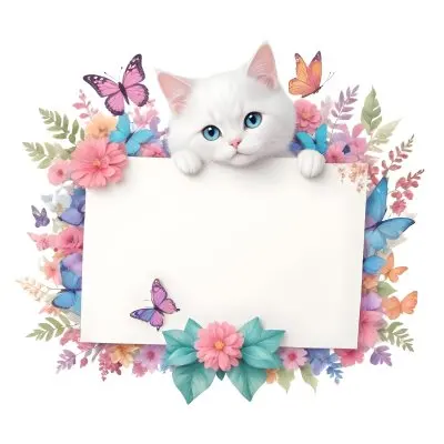 A Cute White Cat With A Pink Bow Holding A Blank Sign Surrounded By Colorful Butterflies Flowers And Pastel Decorations 329 7528