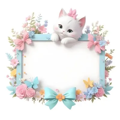 A Cute White Cat With A Pink Bow Holding A Blank Sign Surrounded By Colorful Butterflies Flowers And Pastel Decorations 33 E910