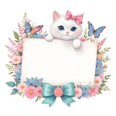 A Cute White Cat With A Pink Bow Holding A Blank Sign Surrounded By Colorful Butterflies Flowers And Pastel Decorations 330 E638