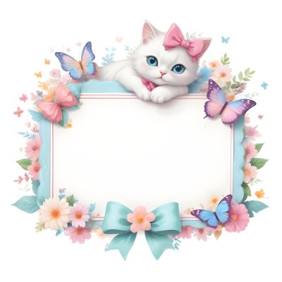 A Cute White Cat With A Pink Bow Holding A Blank Sign Surrounded By Colorful Butterflies Flowers And Pastel Decorations 331 1a14