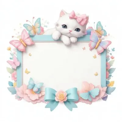 A Cute White Cat With A Pink Bow Holding A Blank Sign Surrounded By Colorful Butterflies Flowers And Pastel Decorations 333 Cd6c
