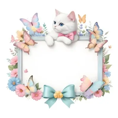 A Cute White Cat With A Pink Bow Holding A Blank Sign Surrounded By Colorful Butterflies Flowers And Pastel Decorations 334 2c1c