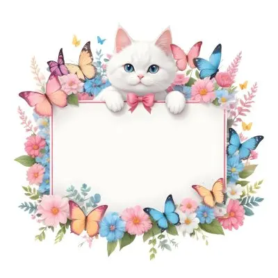 A Cute White Cat With A Pink Bow Holding A Blank Sign Surrounded By Colorful Butterflies Flowers And Pastel Decorations 336 406a