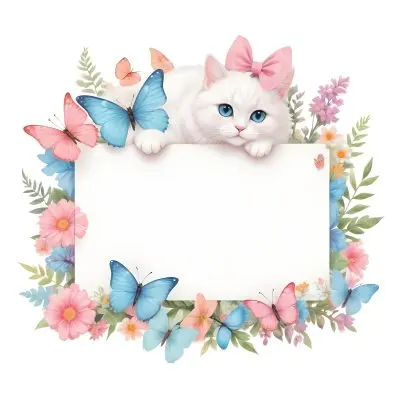A Cute White Cat With A Pink Bow Holding A Blank Sign Surrounded By Colorful Butterflies Flowers And Pastel Decorations 337 7ad4