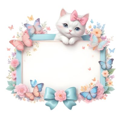 A Cute White Cat With A Pink Bow Holding A Blank Sign Surrounded By Colorful Butterflies Flowers And Pastel Decorations 338 Be65