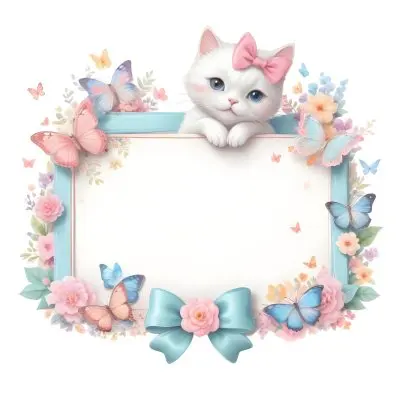 A Cute White Cat With A Pink Bow Holding A Blank Sign Surrounded By Colorful Butterflies Flowers And Pastel Decorations 338 Be65
