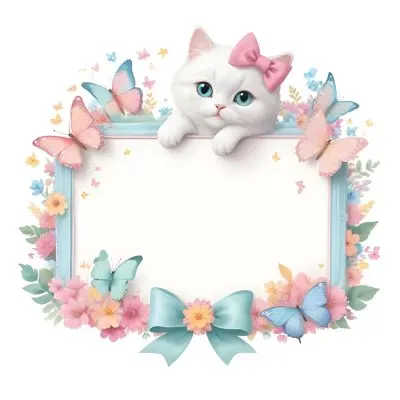A Cute White Cat With A Pink Bow Holding A Blank Sign Surrounded By Colorful Butterflies Flowers And Pastel Decorations 339 1d0b